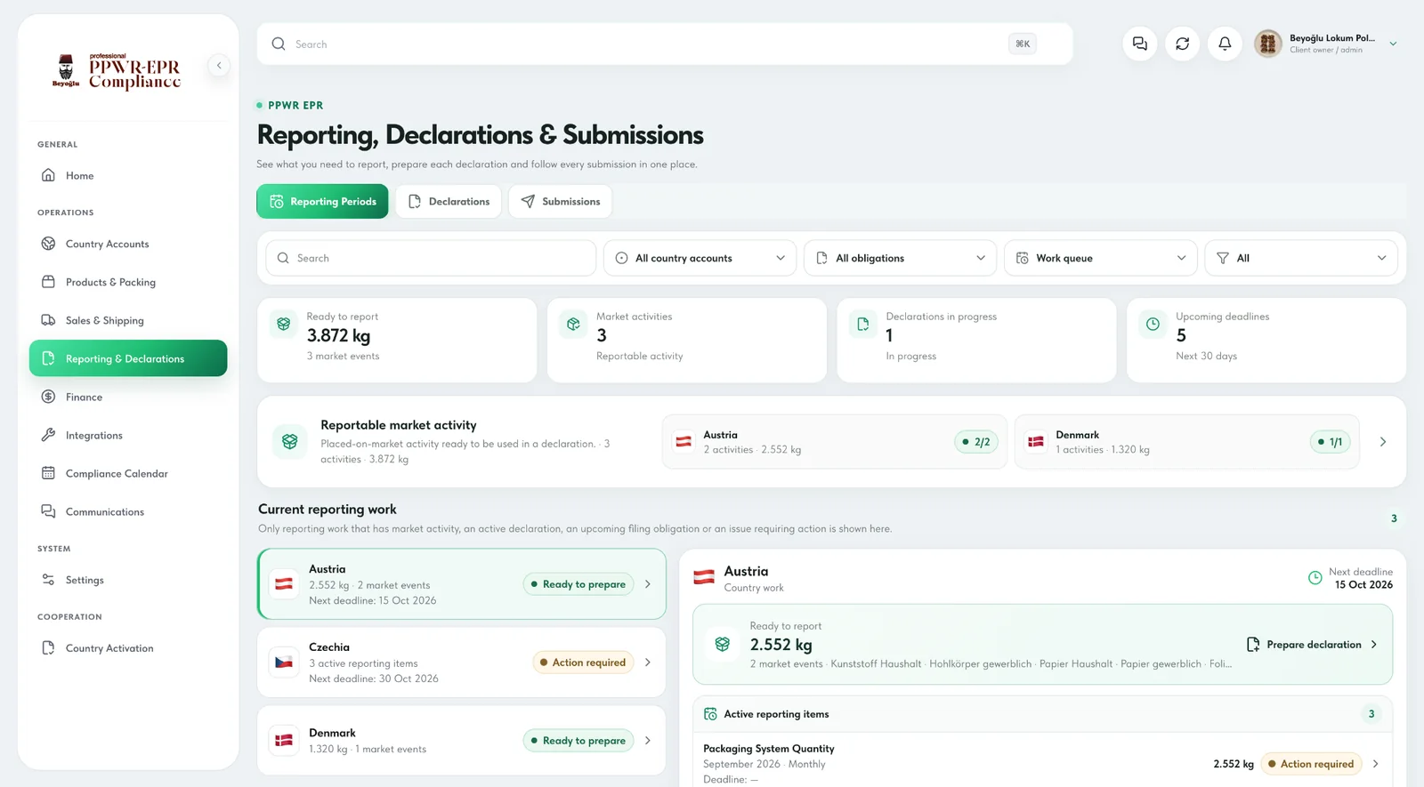 Reporting declarations and submissions screen in the Beyoğlu Professional Client Portal